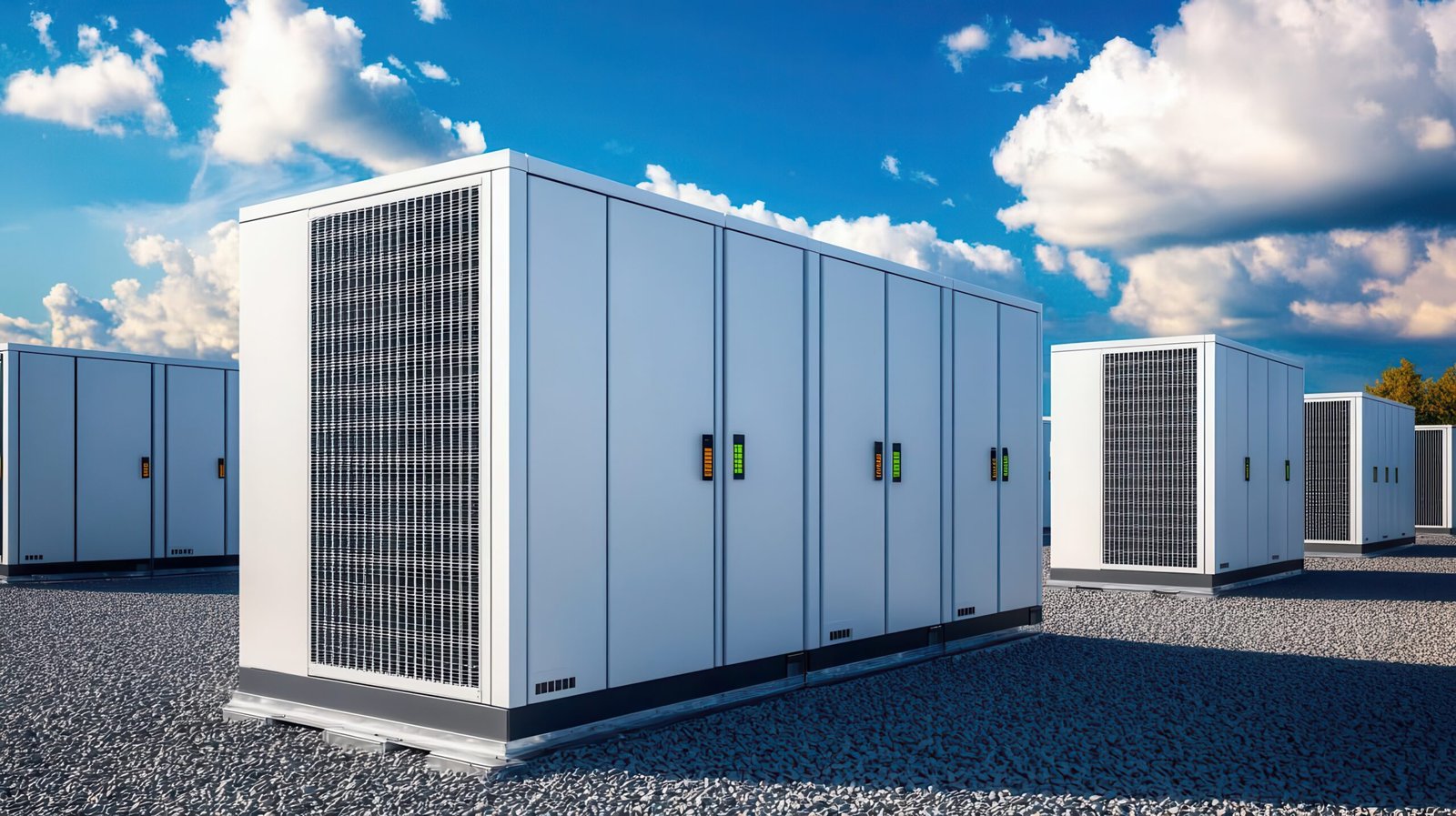 Large battery arrays being replaced in a commercial energy storage facility, focus on green power infrastructure