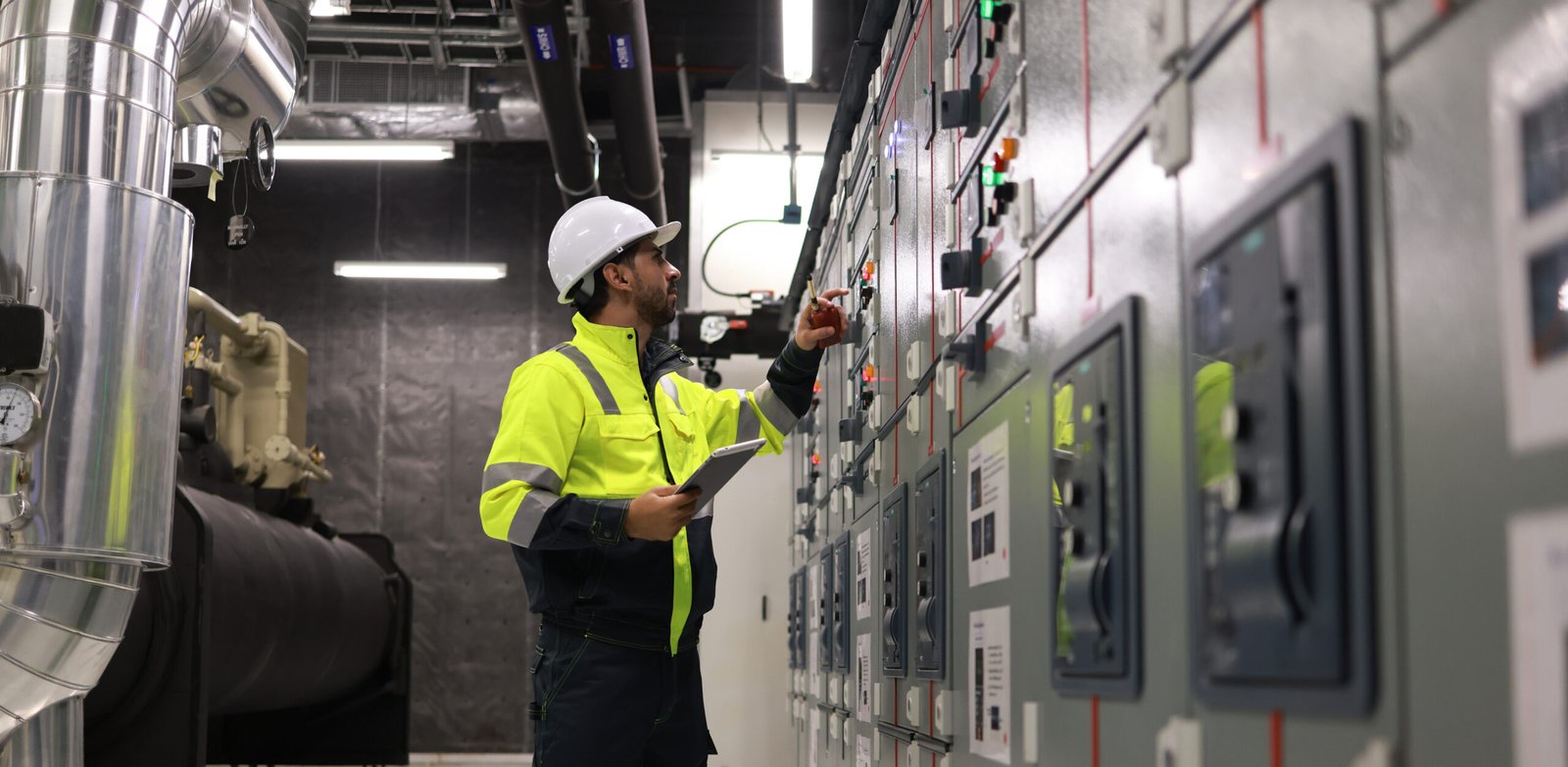 Specialist HVAC Industrial engineer with green safety jacket and PPE check piping and HVAC control system, maintenance service